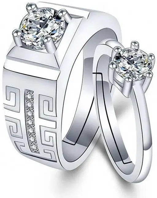 Engagement Couple Rings Stainless Steel Swarovski Zirconia Sterling Silver Plated Ring Set (Silver)