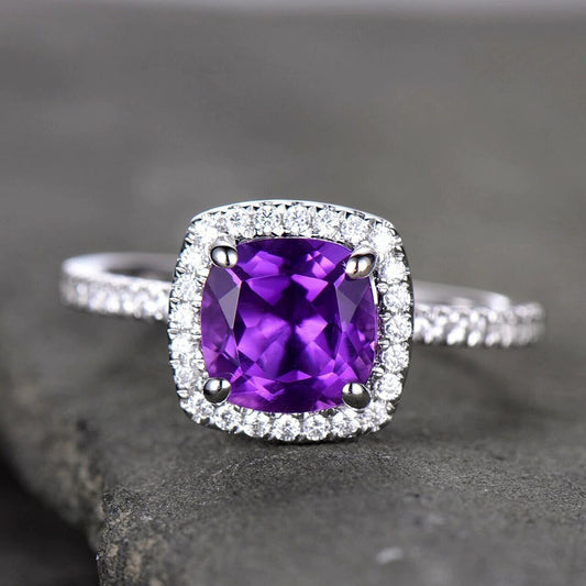 Cushion Cut Purple Amethyst Ring - 925 SILVER